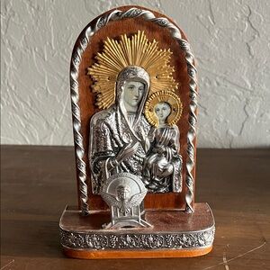 ✨Antique Eastern Orthodox Madonna and Child Silver & Gold Icon Candle Holder✨